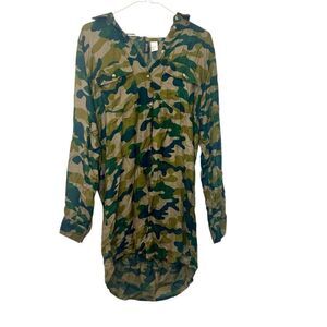 Divided By H&M Camo Collared Long Sleeve Green Button Front Shirt Dress Size 6